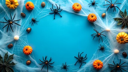 Happy halloween flat lay mockup with spiders, decoration and spider web on blue background. 