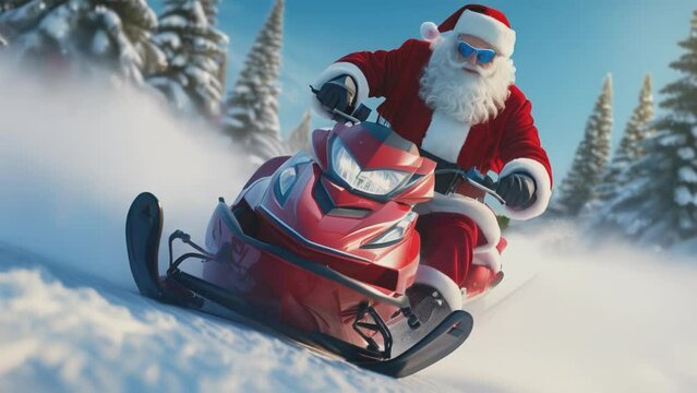 Santa Claus rides a snowmobile through the winter Christmas forest.