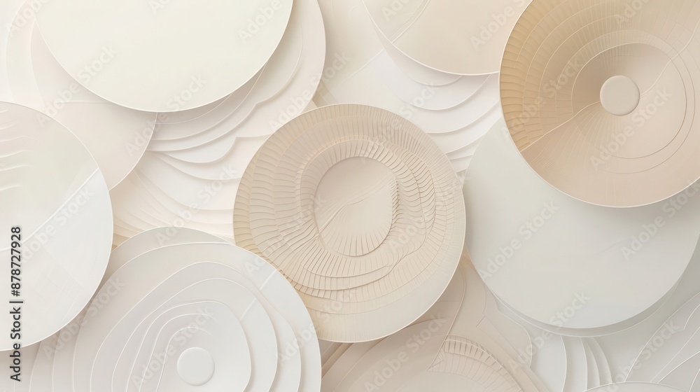 Fototapete An abstract background with circular geometric patterns in a neutral palette, including shades of ivory, tan, and soft grey, arranged to create a tranquil, flowing visual effect.