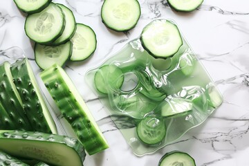 Green cucumbers and slices arranged on a white marble table, Cooling gel mask infused with cucumber and aloe vera