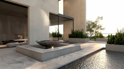 Modern fountain and pool patio at luxury home