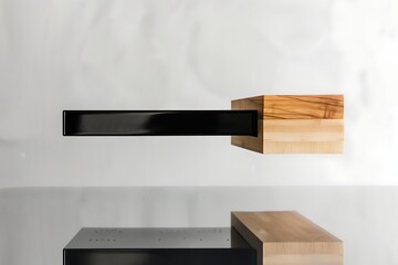 A minimalist desk organizer, blending natural wood and matte black finishes, floating above a reflective surface