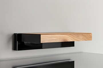A minimalist desk organizer, blending natural wood and matte black finishes, floating above a reflective surface