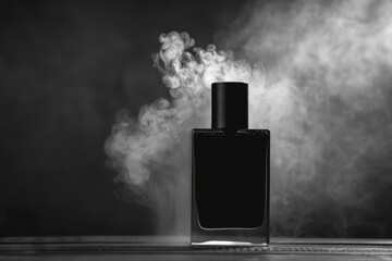 A black perfume bottle sits on a wooden surface, surrounded by wisps of white smoke
