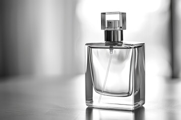 A clear glass perfume bottle with a silver top sits on a white countertop