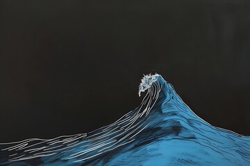 A minimalist line art drawing of a single, perfect blue wave cresting against a stark black background.