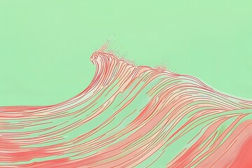 A minimalist line art drawing of a perfect coral-colored wave cresting against a seafoam green background.
