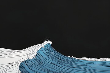 A minimalist line art drawing of a single, perfect blue wave cresting against a stark black background.