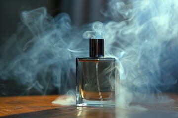 A glass bottle of perfume sits on a wooden table, surrounded by a swirling cloud of fragrant smoke
