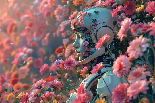 A humanoid robot in a field of flowers