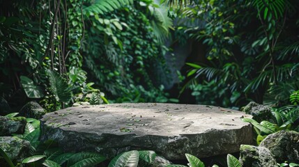 Obraz premium Flat stone platform in lush tropical jungle setting