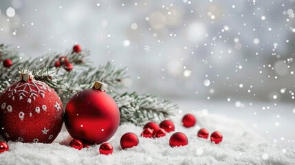 Festive holiday decorations with red balls branches and snowflakes on snowy background with copy...