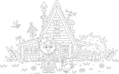 Funny granny villager and a hen in a yard of a village wooden house in countryside on a summer day, black and white vector cartoon illustration for a coloring book