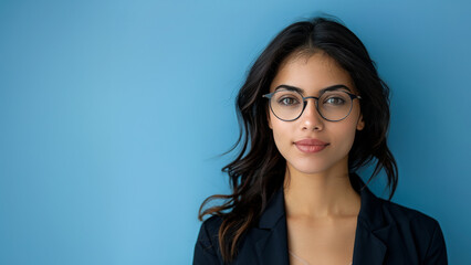 Fototapeta premium Confident businesswoman wearing glasses posing on blue background