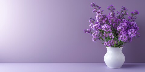 Naklejka premium Purple Flowers in White Vase. Beautiful purple flowers arranged in a white vase against a matching purple background, creating a harmonious and elegant display. Banner with copy space