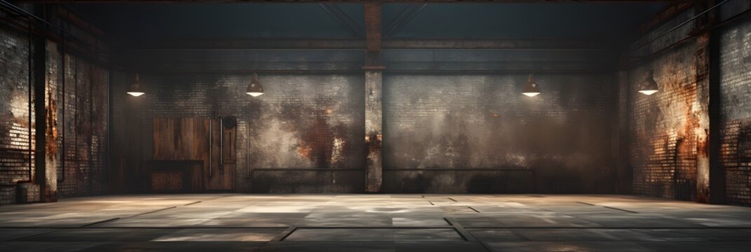 Industrial loft style empty old warehouse interior, concrete floor and black steel roof structure, brick wall