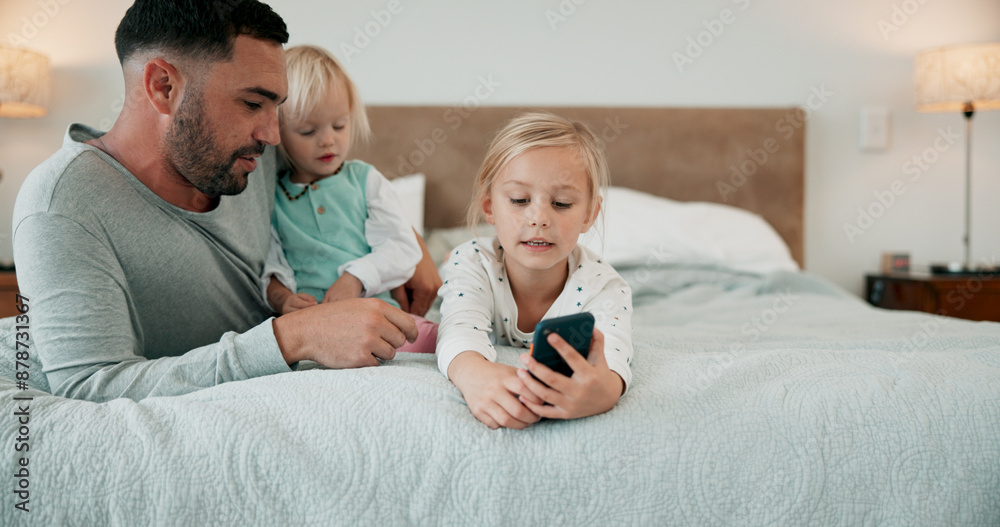 Poster Bed, phone and father with girl children in home for bonding, communication or social media safety. App, mobile and streaming with man teaching sister kids how to be responsible online in bedroom