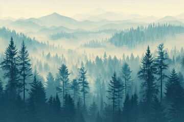 Fototapeta premium Watercolor foggy forest landscape illustration. Wild nature in wintertime