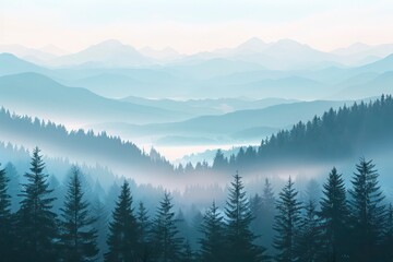 Watercolor foggy forest landscape illustration. Wild nature in wintertime