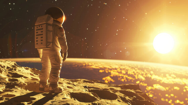 an creative image of an astronut on moon with the sun shining on the moon, generative ai
