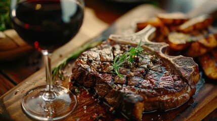 Fototapeta premium Gourmet T-Bone Steak Dinner with Red Wine - Close-up of a juicy T-bone steak served with cherry tomatoes, fries, and a glass of red wine, set in an elegant dining atmosphere.