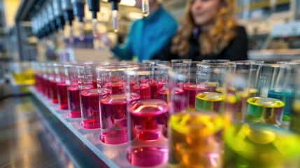 Laboratory glassware with colorful liquid solutions and scientist in the background