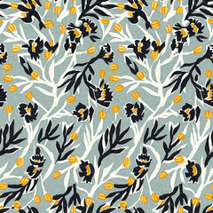 Modern printed fabric wildflower blockprint pattern with linen fabric textures. Stylized hand drawn boho dark florals for decorative design elements in repeatable background tile.