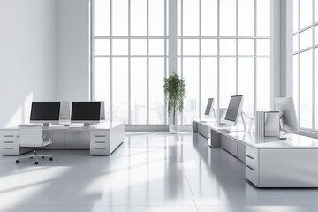 Fototapeta premium A large open office space with a lot of white furniture and a potted plant