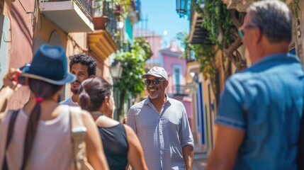 Tourists walking through colorful street in old san juan