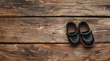 Classic black baby shoes on a wood backdrop with space for text
