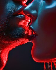 Obraz premium Close-Up of Sensual Kiss in Neon Lighting. Generative ai