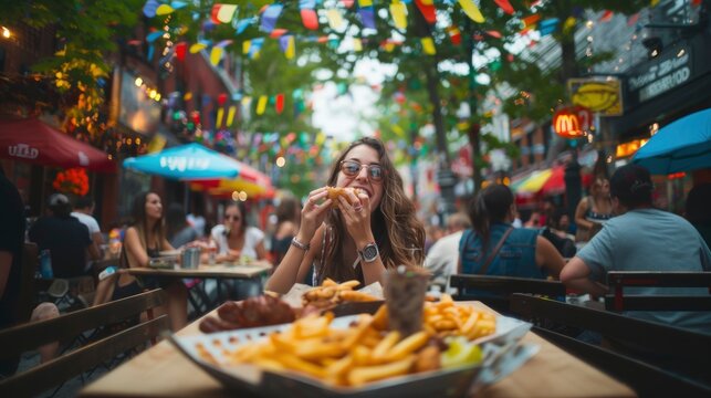 Blurred background of a woman eating a hotdog at an outdoor restaurant