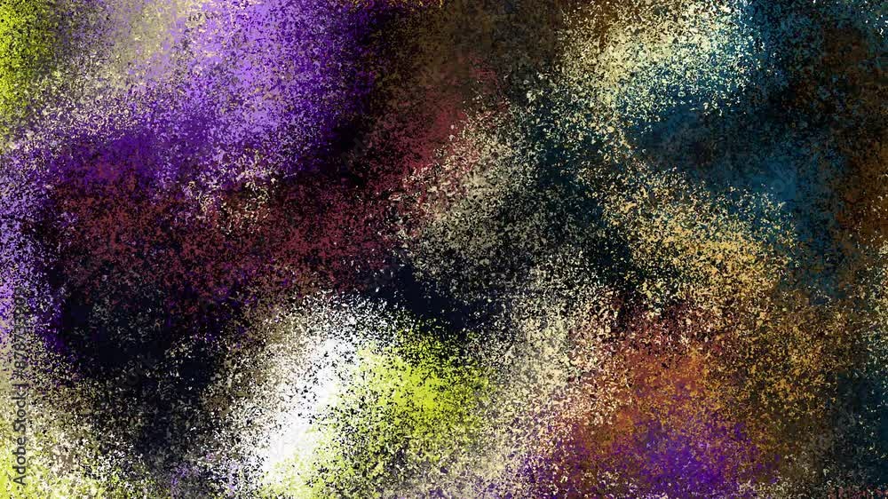 Poster Seamless colorful abstract background with rough grain for loop playback. Dynamic bright splash with grainy grains on black abstract background