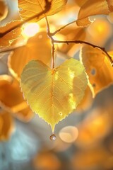 Obraz premium A heart-shaped gold leaf hangs from a branch on a gold background, with a crystal drop of water at the bottom of the leaf.