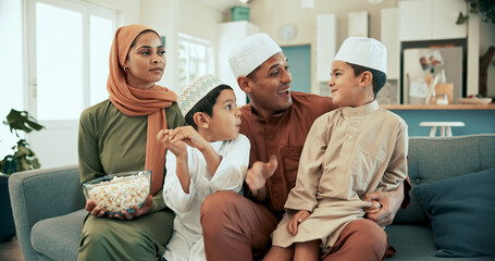 Muslim family, home and watching television in living room, children and Islamic father with boys...