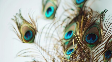 Obraz premium Close up of peacock feathers on a soft white backdrop Festive carnival banner
