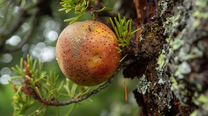 Focus selected close up of a cedar peach on a cedar tree rust
