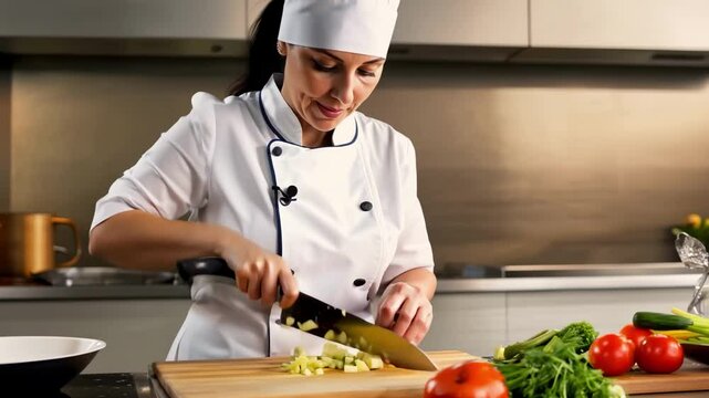 Female chef in white hat and apron chopping fresh vegetables, professional culinary preparation, cooking