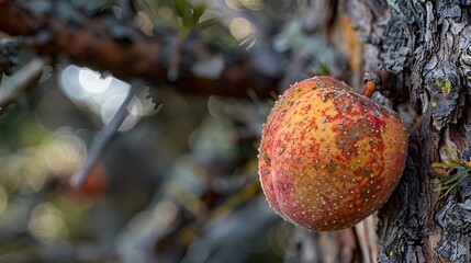 Focus selected close up of a cedar peach on a cedar tree rust