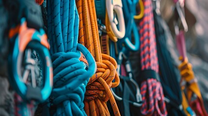 Close up shot of the paragliding equipment, rock climbing gear, and bungee cords