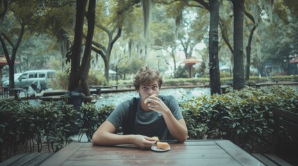 Fototapeta premium Thoughtful young man eating sandwich at park table