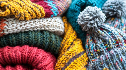 Close up shot of colorful scarves, mittens and beanies, for winter traveling