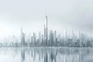 Fototapeta premium A modern city skyline with tall buildings, set against a large body of water, creating a striking urban waterfront scene, Craft a futuristic cityscape with a sleek grey sky