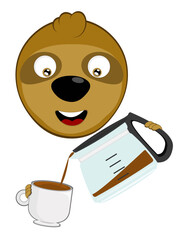 vector illustration face bear sloth character animal cartoon,, with a coffeemaker or coffee jug pouring into a cup