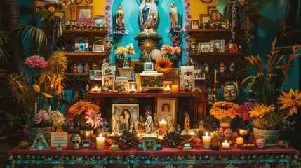 Fototapeta premium Ornate altar with religious statues and flowers in mexico