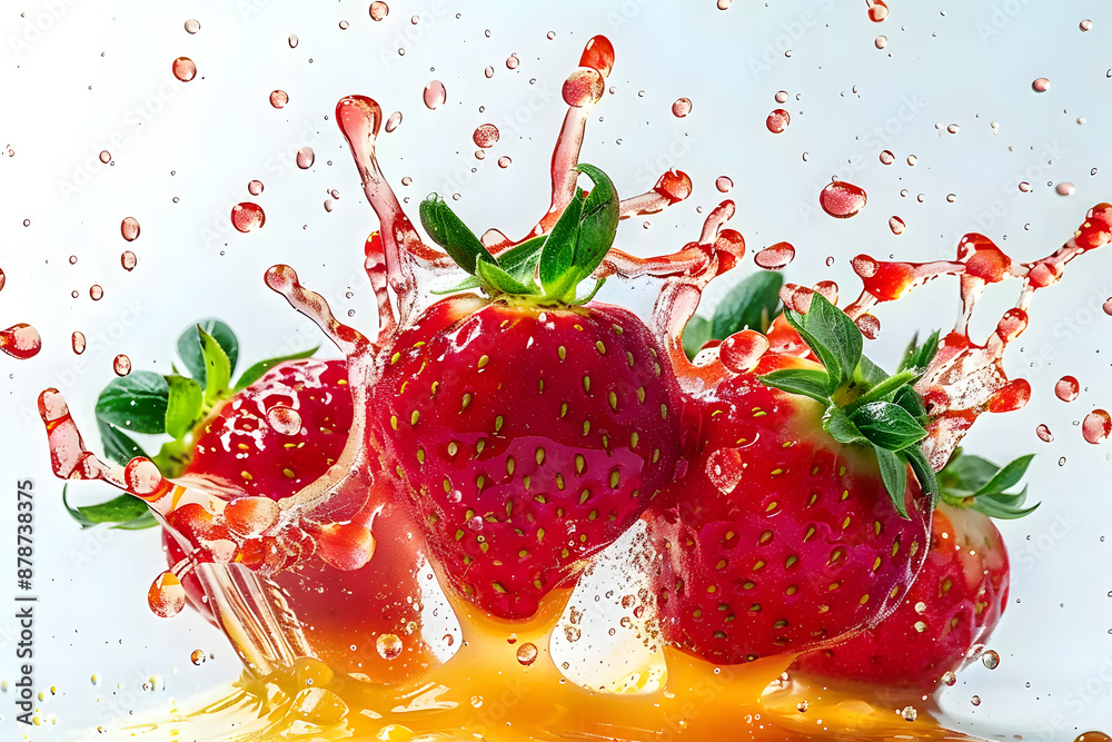 Wall mural strawberries in juice splash isolated on a white background