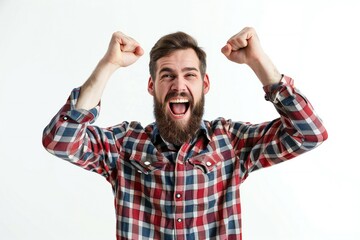 Fototapeta premium Smiling bearded man gesturing yes and looking up, posing in white background