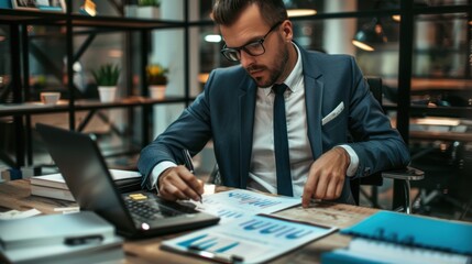 Businessman analyzing financial data in modern office setting
