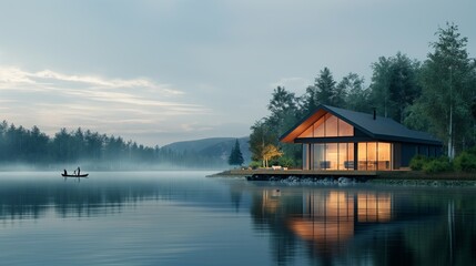 Naklejka premium A cozy cabin by a serene lake at dusk with people paddling a boat in the peaceful water.