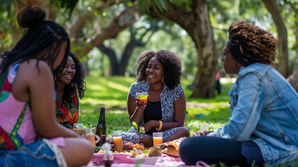 A telephoto angle photo of Black friends having a picnic in a park, enjoying healthy snacks and engaging in lively conversation, friends talking, Man Woman Adult Portrait, African